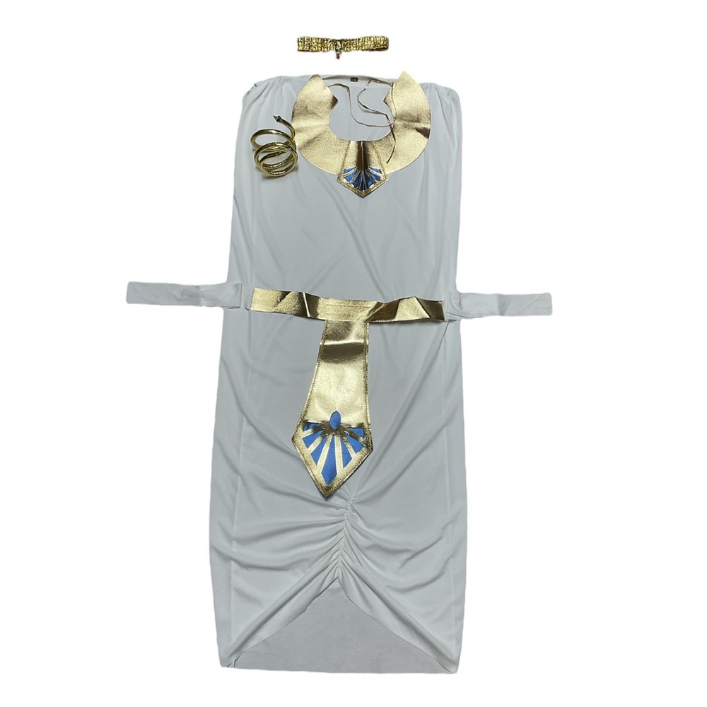 Disguise Cleopatra Halloween Costume White Maxi Dress Gold Accessories Vintage